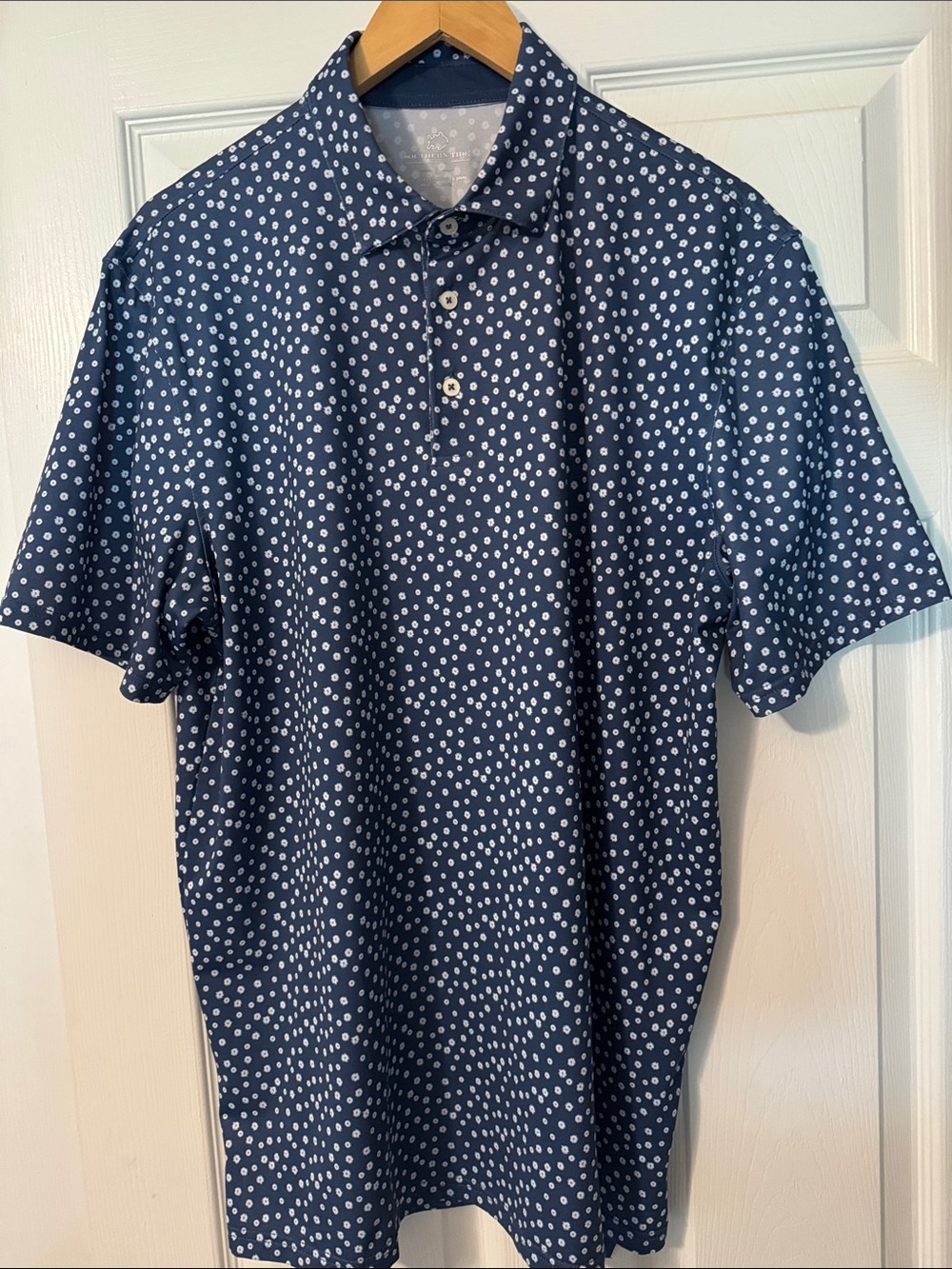 Southern Tide Navy Polo with White Dot Print